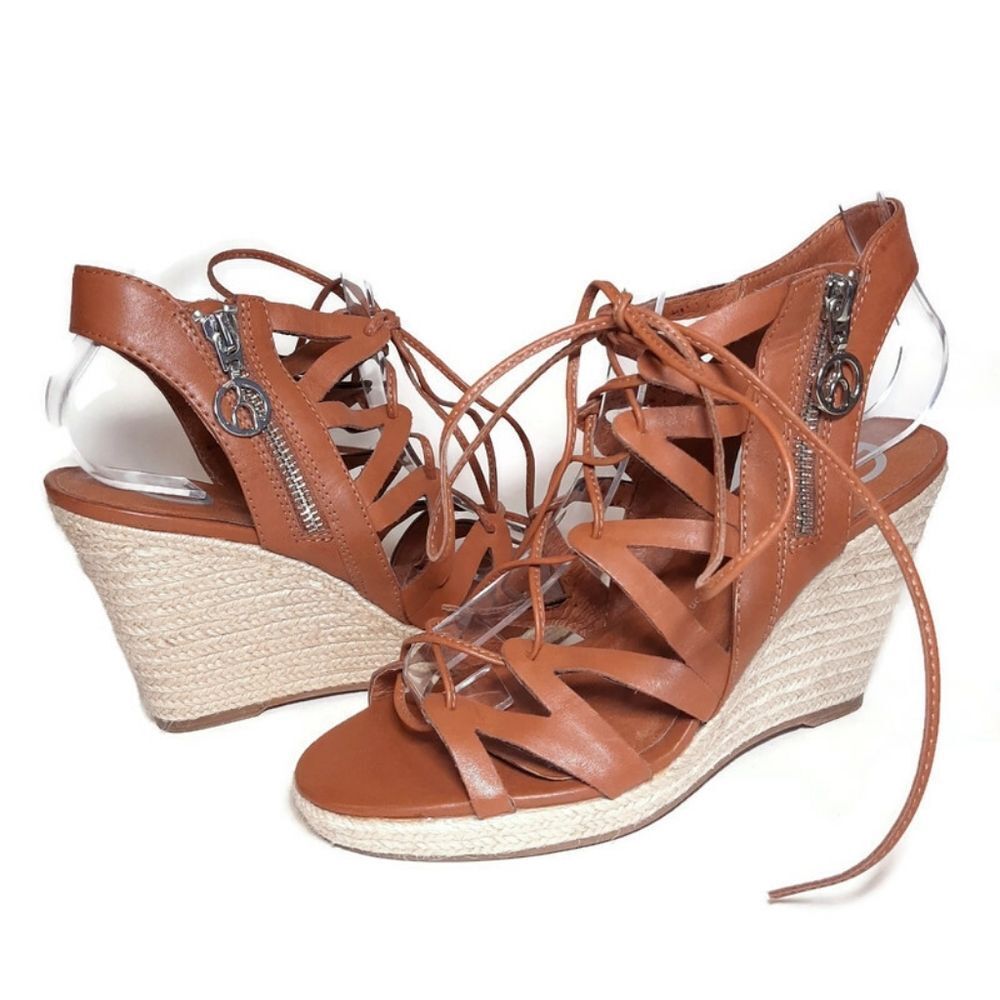 Wishbone Faux Leather Strappy Lace Up Espadrille Wedge Sandals Heels Shoes 7